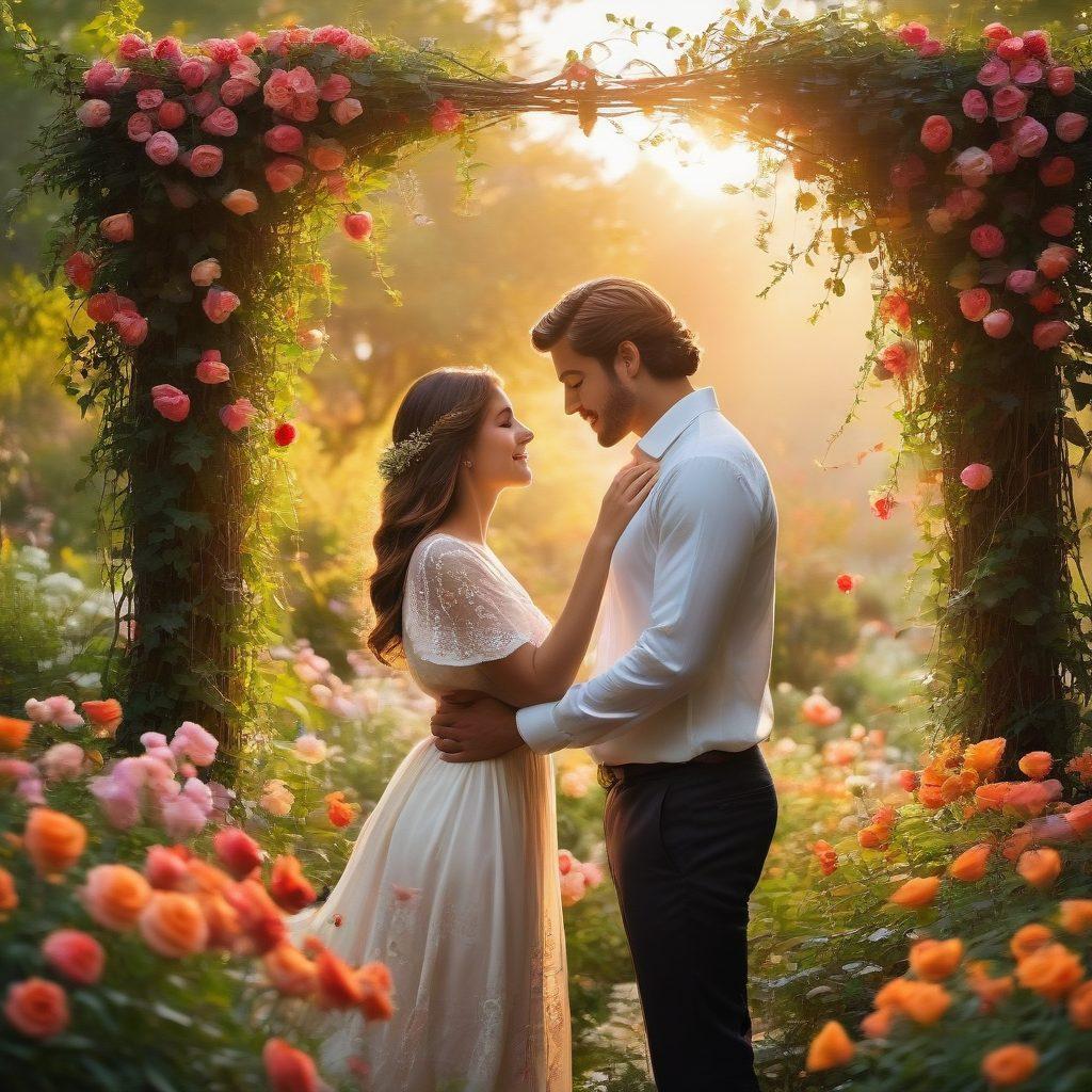 A romantic garden scene featuring diverse couples engaged in intimate conversations, surrounded by blooming flowers and soft, warm lighting. In the background, a gentle sunset casts a golden hue, symbolizing the warmth of authentic connections. Subtle elements like hearts and intertwining vines enhance the theme of passion and relationships. invite the viewer to feel the love in the air. vibrant colors. soft focus. romantic style.