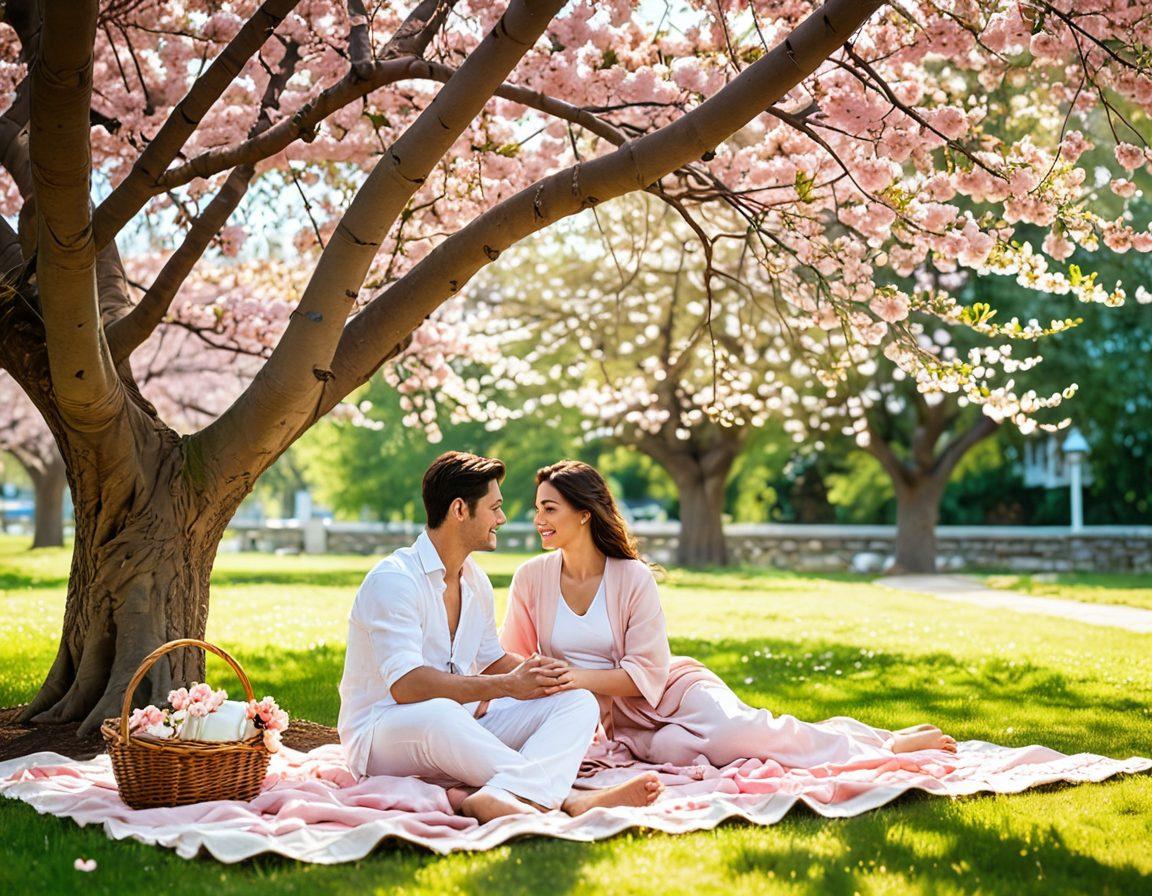 A romantic park scene featuring a couple engaging in playful flirting under a blooming cherry blossom tree, surrounded by soft sunlight filtering through the leaves. In the background, a charming picnic setup with a vintage blanket and basket, symbolizing companionship and shared moments. The overall mood should evoke warmth, connection, and joy. super-realistic. vibrant colors. serene atmosphere.