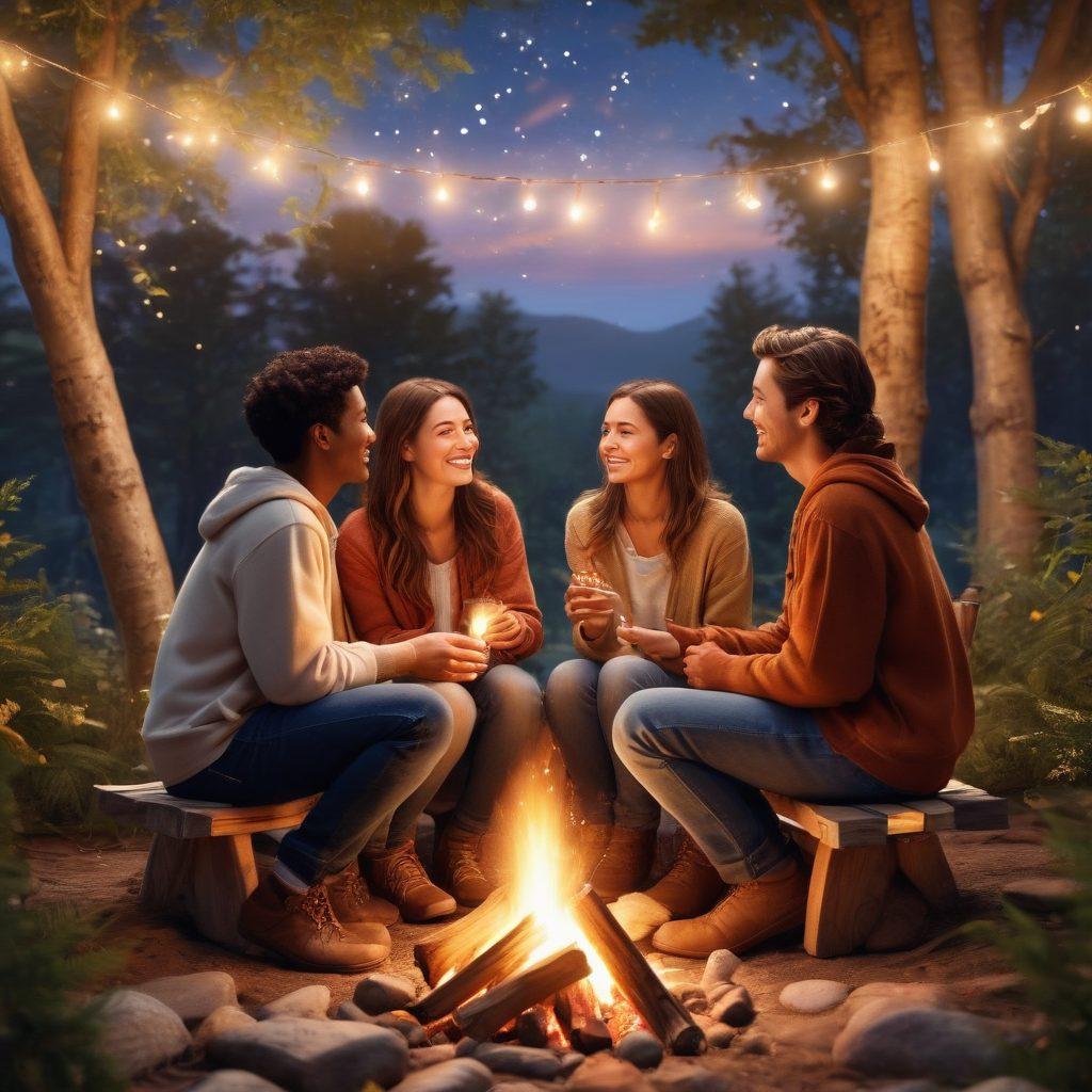 A warm, inviting scene depicting a diverse group of friends gathered around a cozy campfire under a starlit sky, joyfully sharing stories and laughter. Soft glowing lights strung above them add to the charm, while the warmth of their gestures conveys deep connections. Element of nature surrounding them symbolizes growth and nurturing. Capture the essence of trust and authenticity in their expressions. super-realistic. vibrant colors. warm tones.